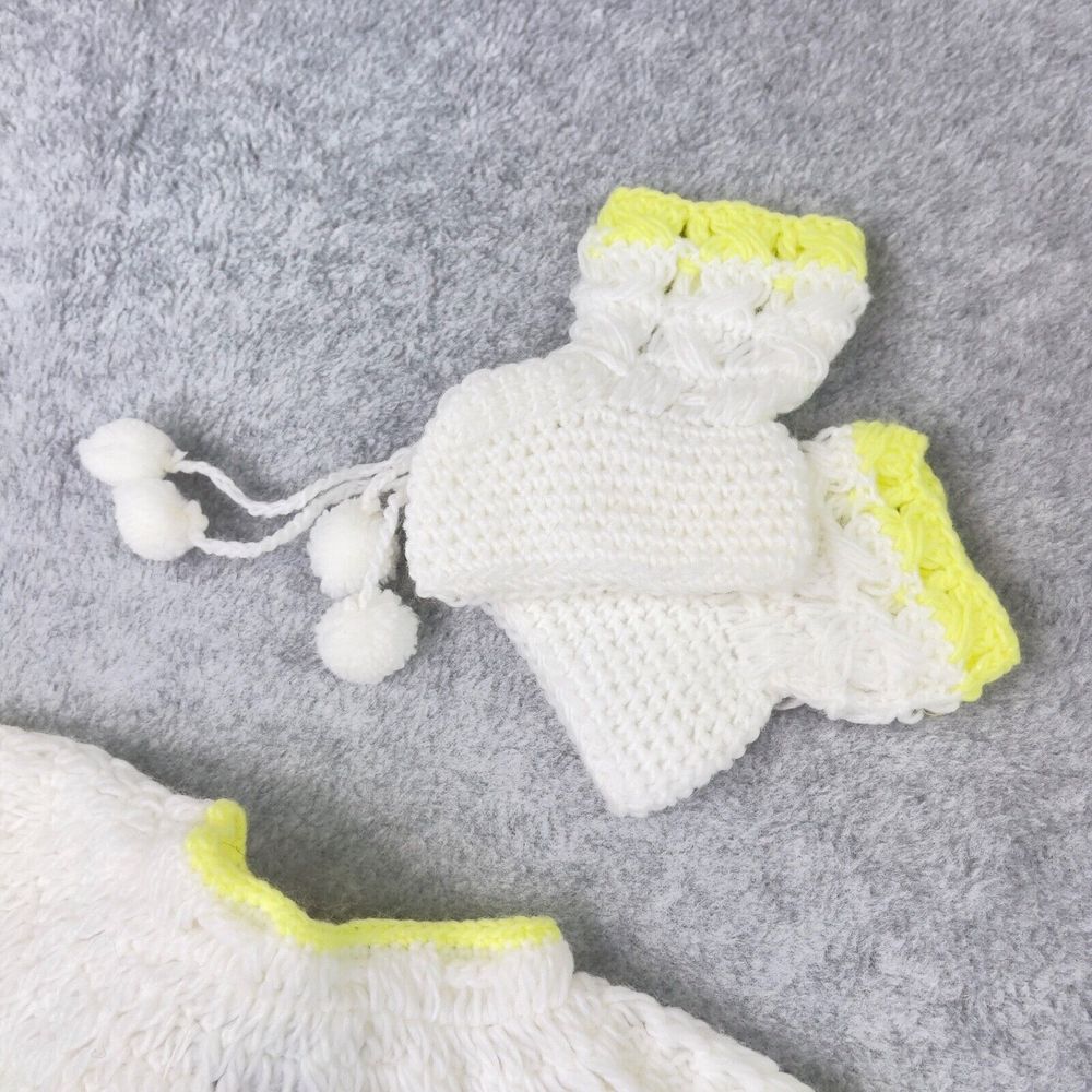 Vintage Handmade Yellow White Knit Baby Set Outfit Dress  Booties Bonnet Doll - Picture 12 of 14